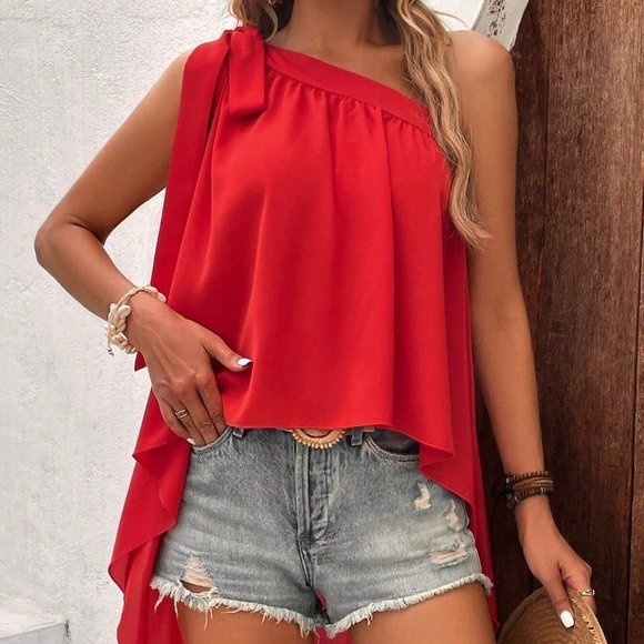. Tops - Red Boho Womens Solid Knot One Shoulder High Low Hem Blouse